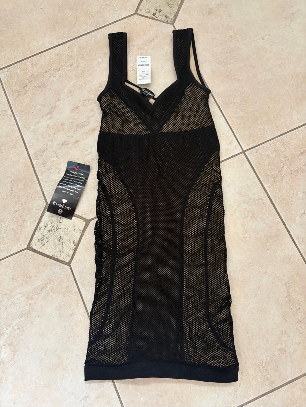 bebe Black Mesh Panel Bodycon Dress with Nude Lining